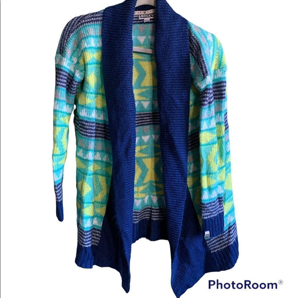 Roxy geometric open cardigan sweater navy turquoise yellow white size XS
